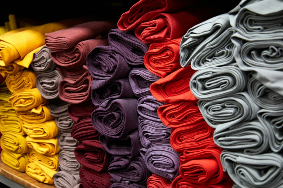 a row of folded cloths on display in a store